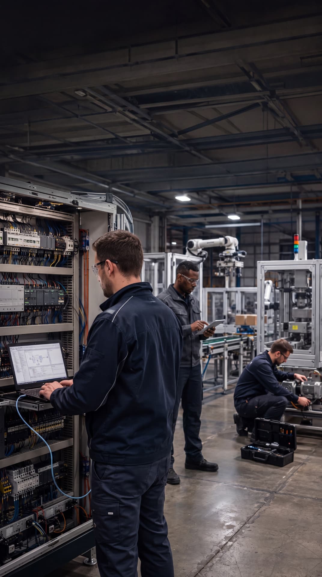 Field engineers aan het werk in een industriële omgeving met PLC-kasten, robotica en aandrijvingen